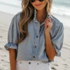 Fashion Dear-Lover Ruffle Short Puff Sleeve Summer Chambray Shirt Beau Blue