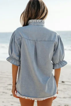 Fashion Dear-Lover Ruffle Short Puff Sleeve Summer Chambray Shirt Beau Blue