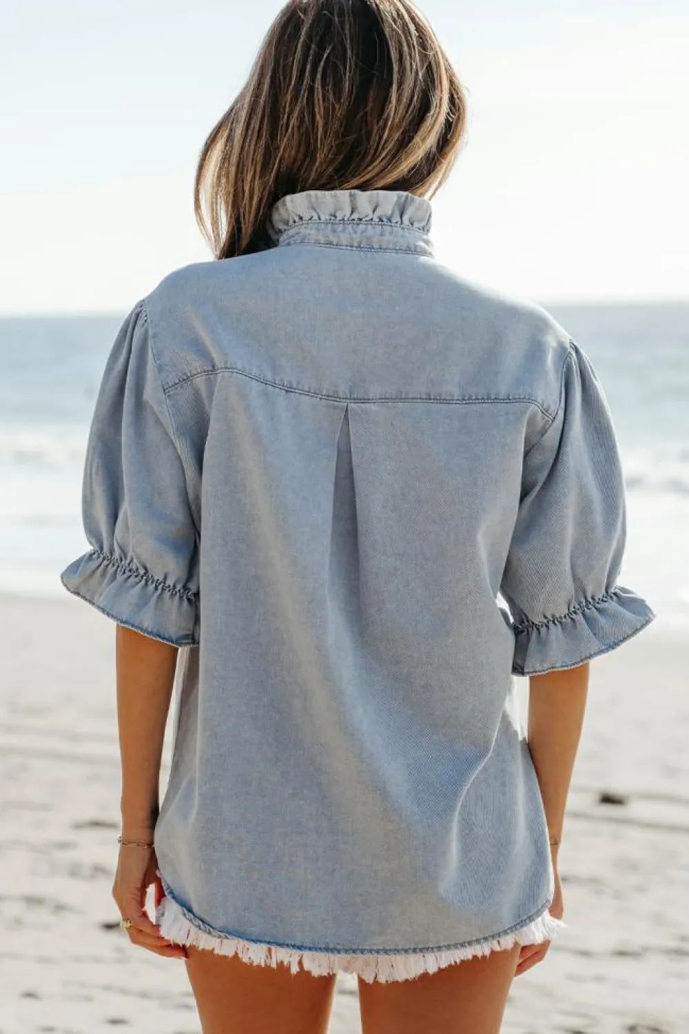 Fashion Dear-Lover Ruffle Short Puff Sleeve Summer Chambray Shirt Beau Blue