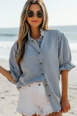 Fashion Dear-Lover Ruffle Short Puff Sleeve Summer Chambray Shirt Beau Blue