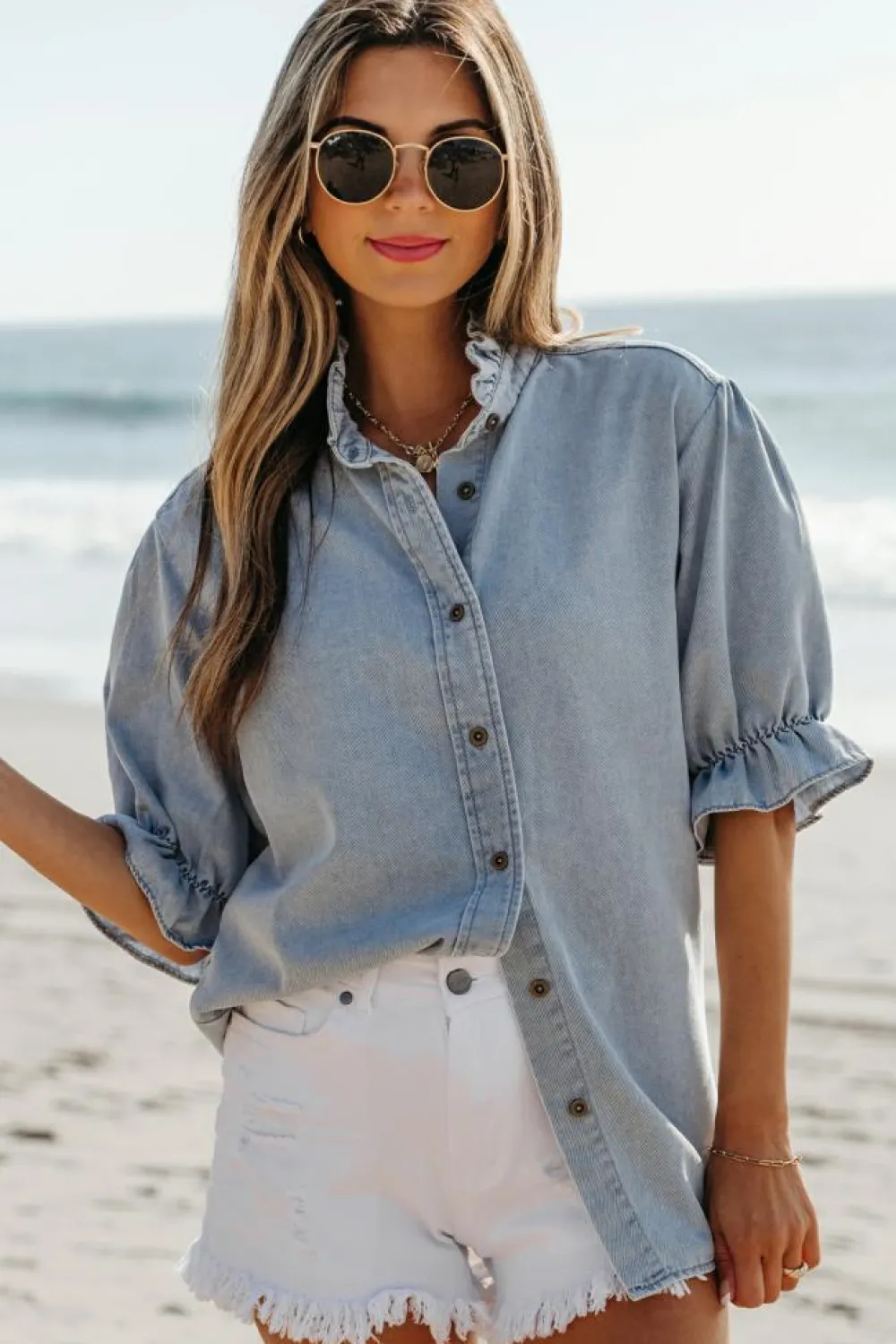 Fashion Dear-Lover Ruffle Short Puff Sleeve Summer Chambray Shirt Beau Blue