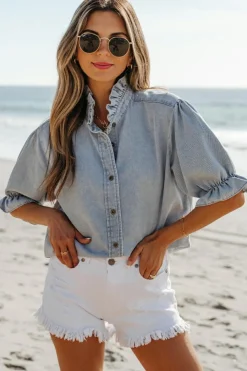 Fashion Dear-Lover Ruffle Short Puff Sleeve Summer Chambray Shirt Beau Blue