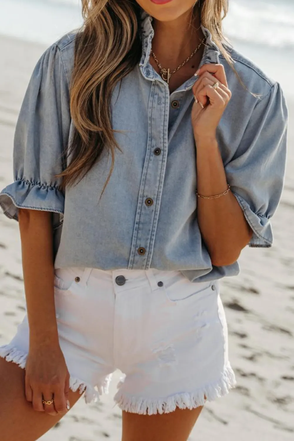 Fashion Dear-Lover Ruffle Short Puff Sleeve Summer Chambray Shirt Beau Blue