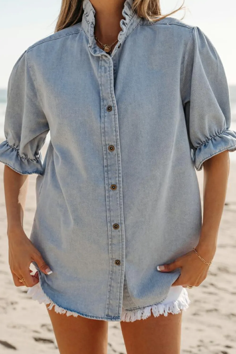 Fashion Dear-Lover Ruffle Short Puff Sleeve Summer Chambray Shirt Beau Blue