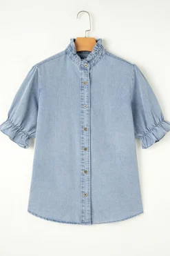 Fashion Dear-Lover Ruffle Short Puff Sleeve Summer Chambray Shirt Beau Blue