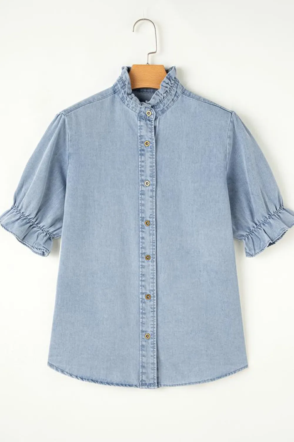 Fashion Dear-Lover Ruffle Short Puff Sleeve Summer Chambray Shirt Beau Blue