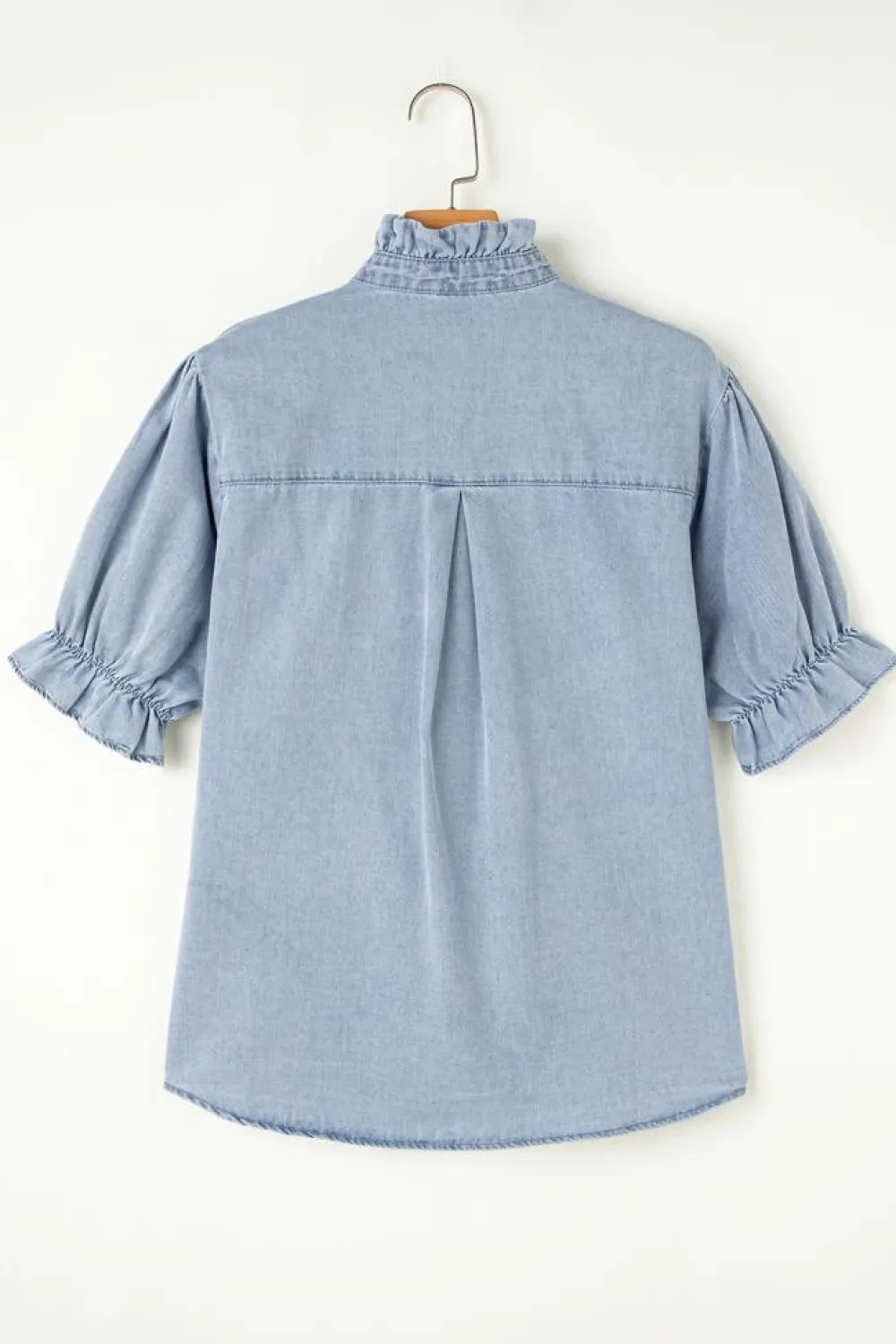 Fashion Dear-Lover Ruffle Short Puff Sleeve Summer Chambray Shirt Beau Blue