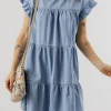 Discount Dear-Lover Ruffle Short Sleeve Tiered A-line Denim Dress Beau Blue