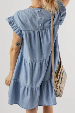 Discount Dear-Lover Ruffle Short Sleeve Tiered A-line Denim Dress Beau Blue