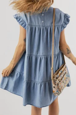 Discount Dear-Lover Ruffle Short Sleeve Tiered A-line Denim Dress Beau Blue