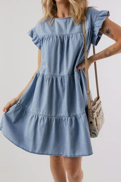 Discount Dear-Lover Ruffle Short Sleeve Tiered A-line Denim Dress Beau Blue