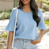 New Dear-Lover Ruffled Half Sleeve V Neck Textured Top Beau Blue
