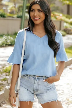 New Dear-Lover Ruffled Half Sleeve V Neck Textured Top Beau Blue