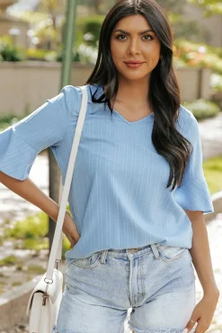 New Dear-Lover Ruffled Half Sleeve V Neck Textured Top Beau Blue