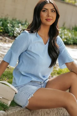 New Dear-Lover Ruffled Half Sleeve V Neck Textured Top Beau Blue