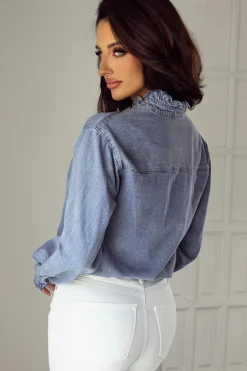 Clearance Dear-Lover Ruffled Long Sleeve Buttoned Denim Shirt Beau Blue