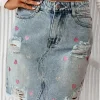 Sale Dear-Lover Shimmer Heart Pattern Distressed Denim Mini Skirt Beau Blue