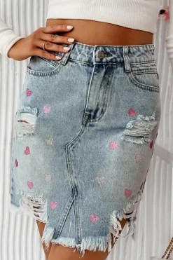 Sale Dear-Lover Shimmer Heart Pattern Distressed Denim Mini Skirt Beau Blue