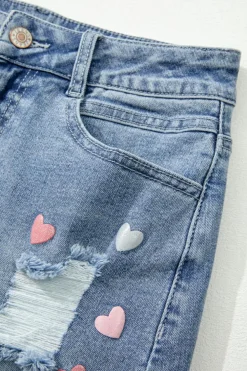 Sale Dear-Lover Shimmer Heart Pattern Distressed Denim Mini Skirt Beau Blue