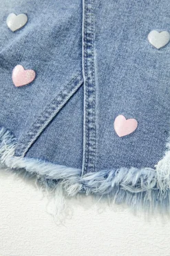 Sale Dear-Lover Shimmer Heart Pattern Distressed Denim Mini Skirt Beau Blue