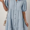 New Dear-Lover Shirt Collar Button Up Short Puff Sleeve Tiered Shift Dress Beau Blue