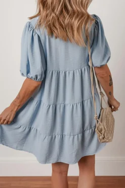 New Dear-Lover Shirt Collar Button Up Short Puff Sleeve Tiered Shift Dress Beau Blue
