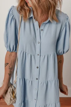 New Dear-Lover Shirt Collar Button Up Short Puff Sleeve Tiered Shift Dress Beau Blue