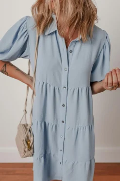 New Dear-Lover Shirt Collar Button Up Short Puff Sleeve Tiered Shift Dress Beau Blue