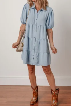 New Dear-Lover Shirt Collar Button Up Short Puff Sleeve Tiered Shift Dress Beau Blue