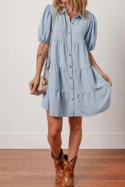 New Dear-Lover Shirt Collar Button Up Short Puff Sleeve Tiered Shift Dress Beau Blue