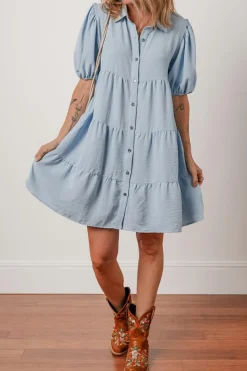 New Dear-Lover Shirt Collar Button Up Short Puff Sleeve Tiered Shift Dress Beau Blue
