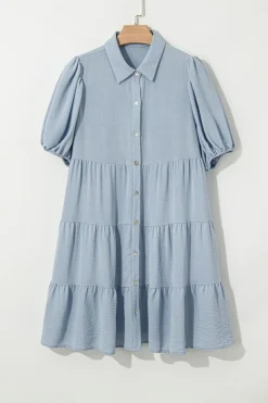 New Dear-Lover Shirt Collar Button Up Short Puff Sleeve Tiered Shift Dress Beau Blue