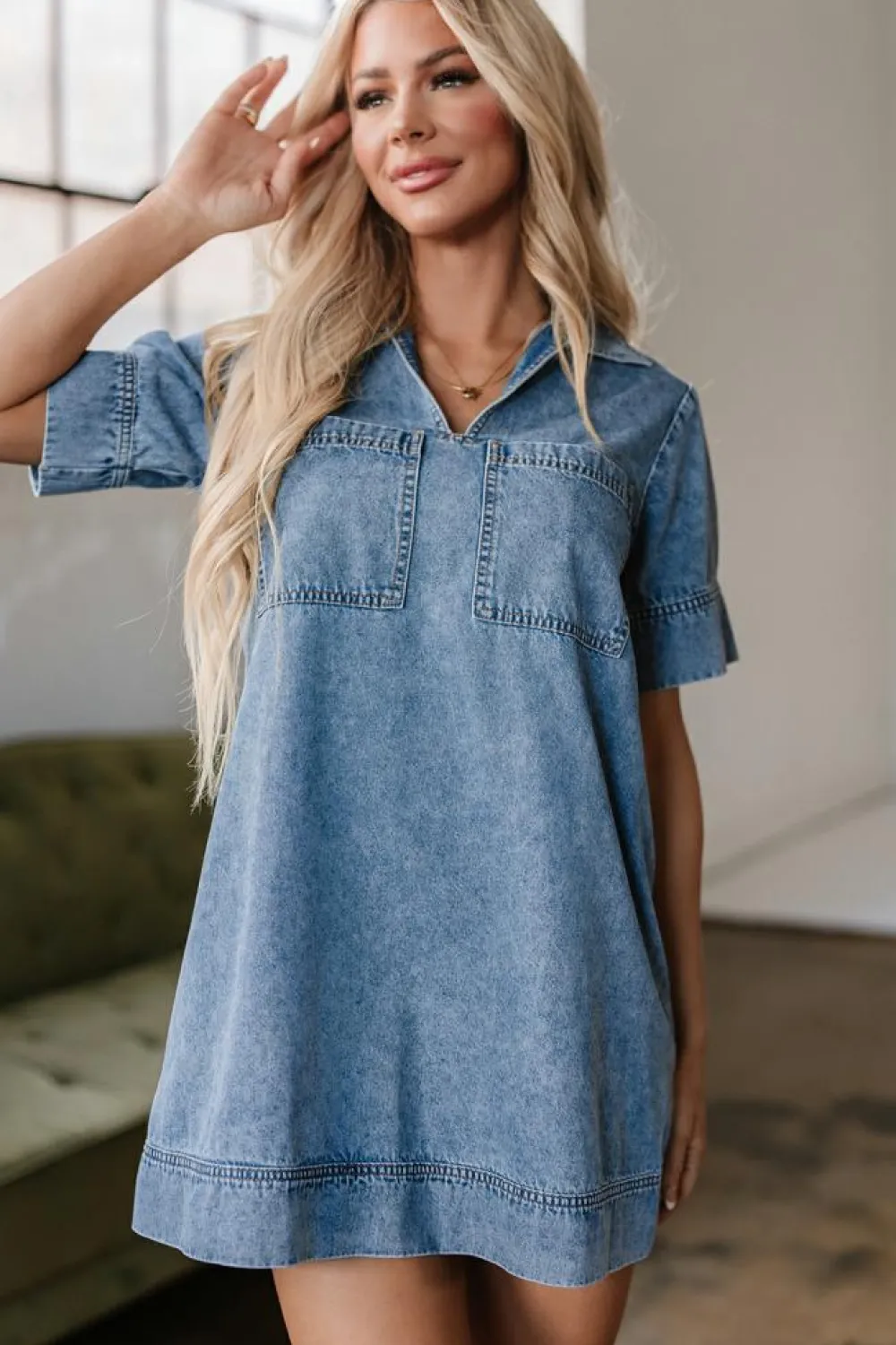 Online Dear-Lover Short Sleeve Collared Patched Pocket Denim Mini Dress Beau Blue