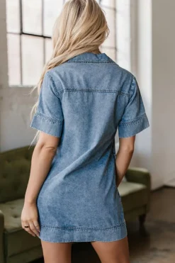Online Dear-Lover Short Sleeve Collared Patched Pocket Denim Mini Dress Beau Blue