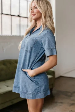 Online Dear-Lover Short Sleeve Collared Patched Pocket Denim Mini Dress Beau Blue