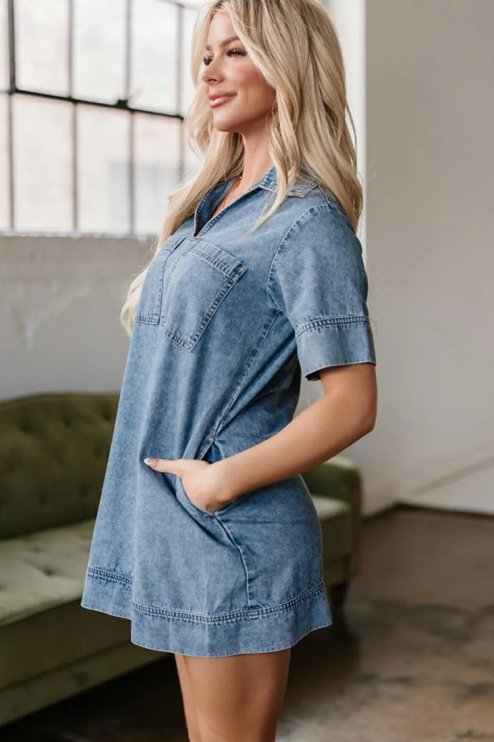 Online Dear-Lover Short Sleeve Collared Patched Pocket Denim Mini Dress Beau Blue