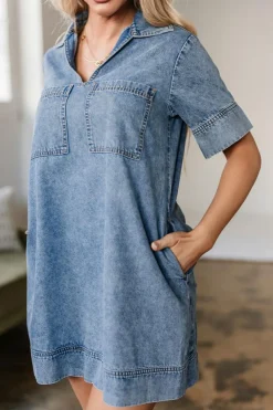 Online Dear-Lover Short Sleeve Collared Patched Pocket Denim Mini Dress Beau Blue