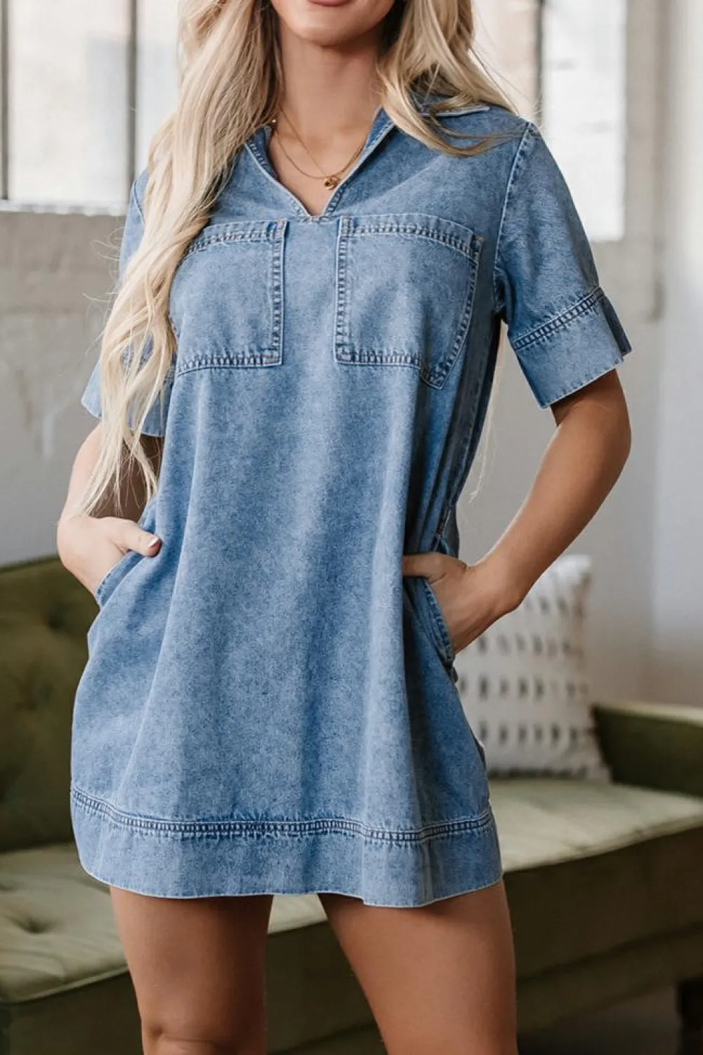 Online Dear-Lover Short Sleeve Collared Patched Pocket Denim Mini Dress Beau Blue