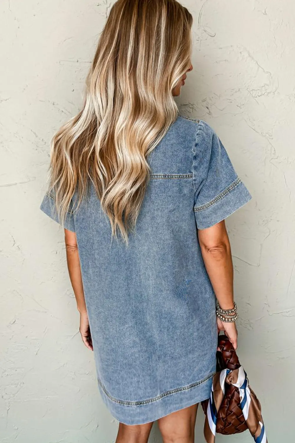 Online Dear-Lover Short Sleeve Collared Patched Pocket Denim Mini Dress Beau Blue