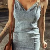 Sale Dear-Lover Sleeveless V Neck Back Zipped Denim Dress Beau Blue