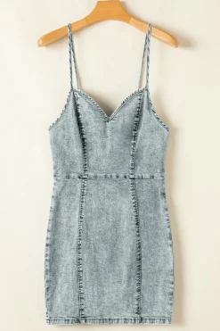 Sale Dear-Lover Sleeveless V Neck Back Zipped Denim Dress Beau Blue