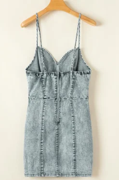 Sale Dear-Lover Sleeveless V Neck Back Zipped Denim Dress Beau Blue
