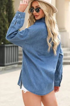 Best Dear-Lover Solid Color Oversized Patched Pocket Buttoned Shirt Beau Blue