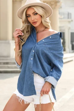 Best Dear-Lover Solid Color Oversized Patched Pocket Buttoned Shirt Beau Blue