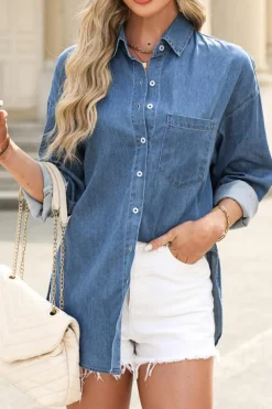 Best Dear-Lover Solid Color Oversized Patched Pocket Buttoned Shirt Beau Blue