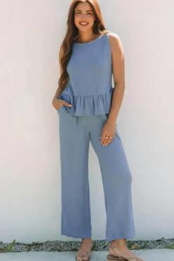 Outlet Dear-Lover Solid Color Ribbed Ruffle Tank Top and Pants Set Beau Blue