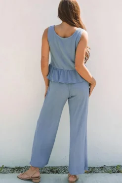 Outlet Dear-Lover Solid Color Ribbed Ruffle Tank Top and Pants Set Beau Blue