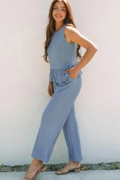 Outlet Dear-Lover Solid Color Ribbed Ruffle Tank Top and Pants Set Beau Blue