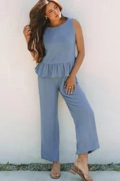 Outlet Dear-Lover Solid Color Ribbed Ruffle Tank Top and Pants Set Beau Blue