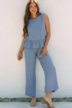 Outlet Dear-Lover Solid Color Ribbed Ruffle Tank Top and Pants Set Beau Blue